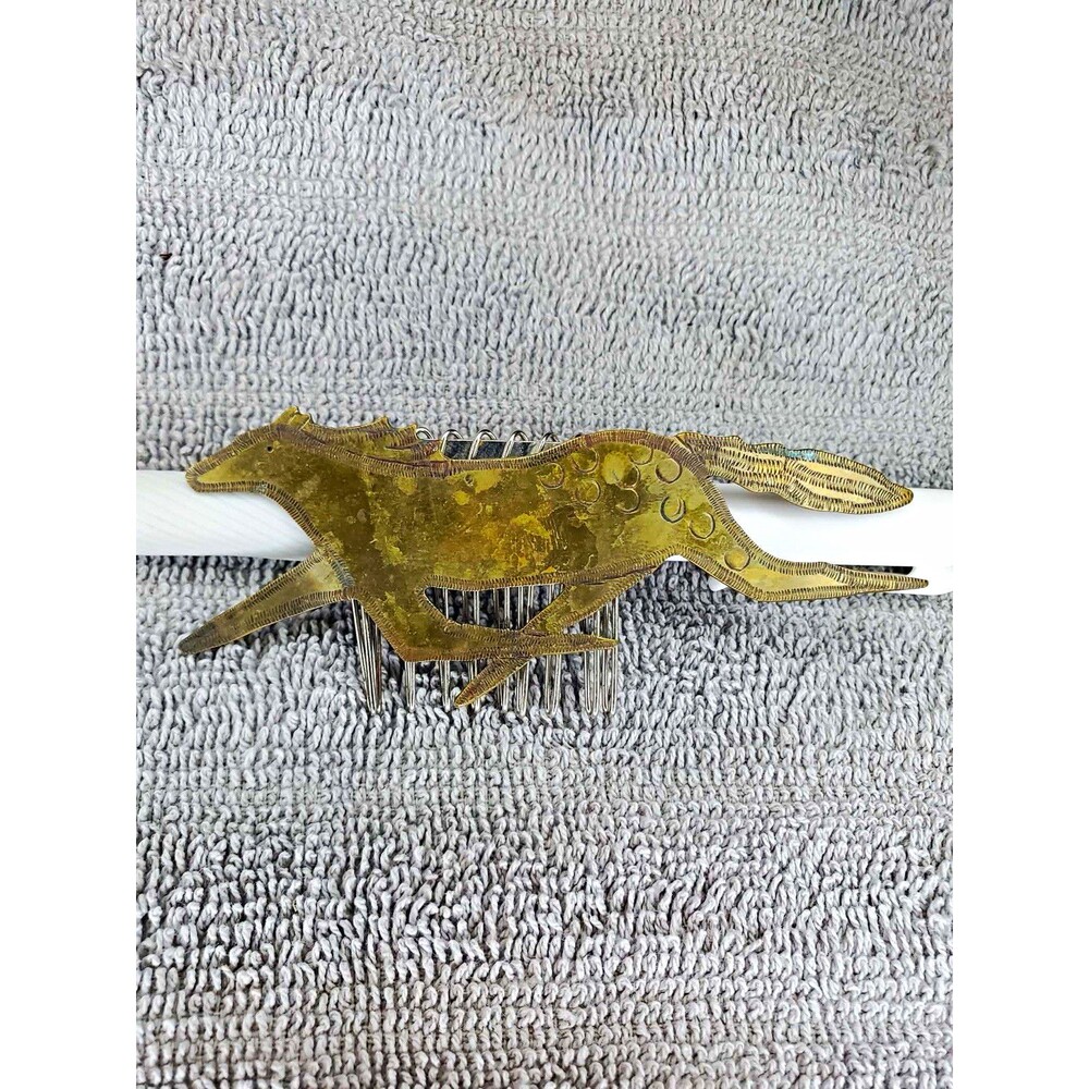 Vintage handmade Gold Tone horse Figural hair comb, unique hair accessory